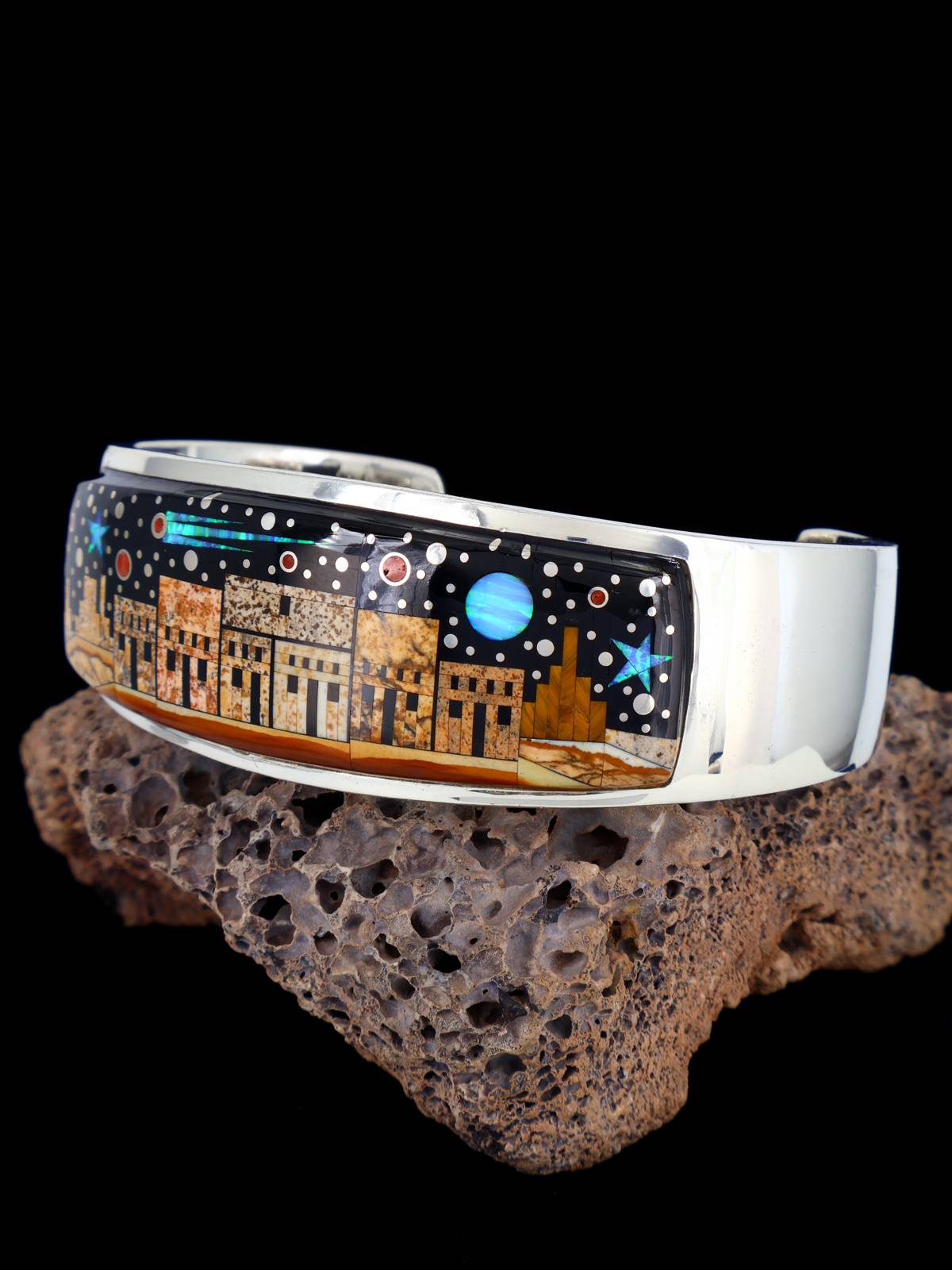 Navajo Sterling Silver Night Sky Pueblo Scene Inlay Cuff Bracelet - PuebloDirect.com