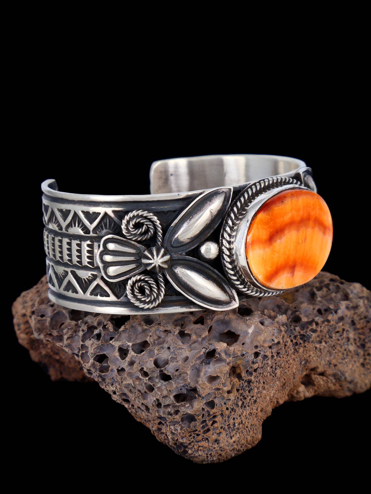 Navajo Jewelry Sterling Silver Orange Spiny Oyster Cuff Bracelet - PuebloDirect.com