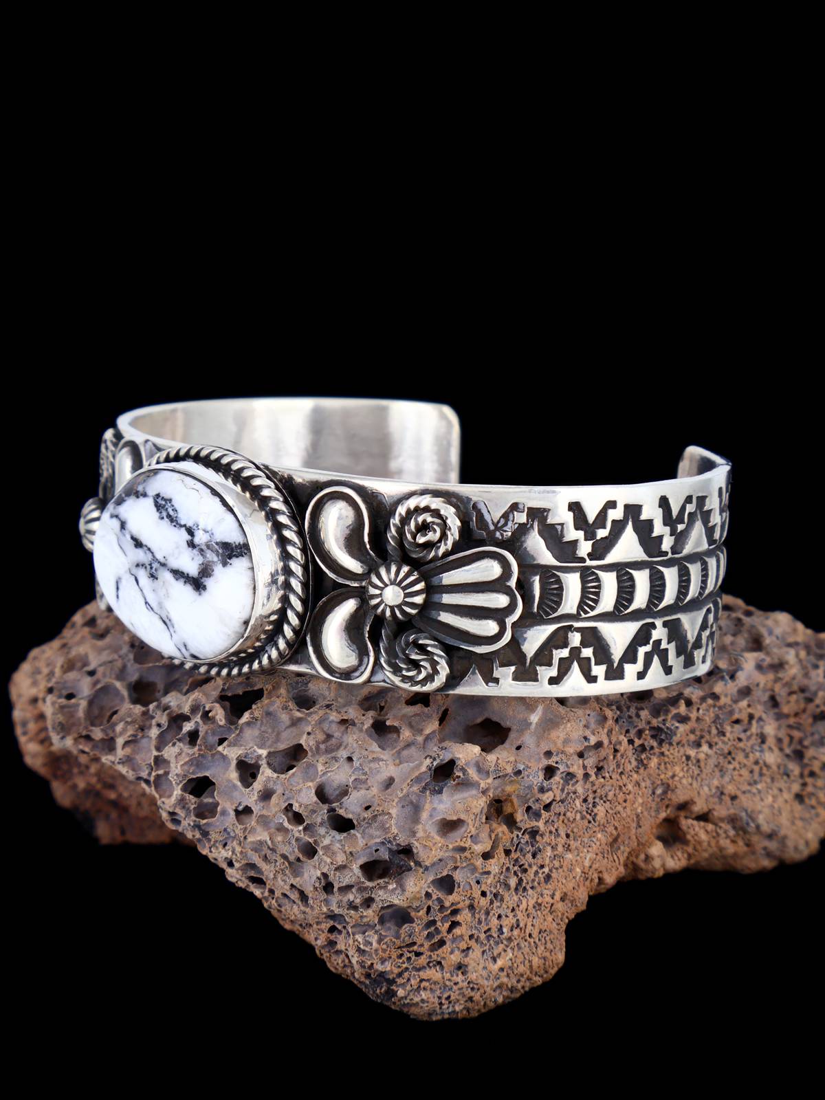 Navajo Jewelry Sterling Silver White Buffalo Cuff Bracelet - PuebloDirect.com