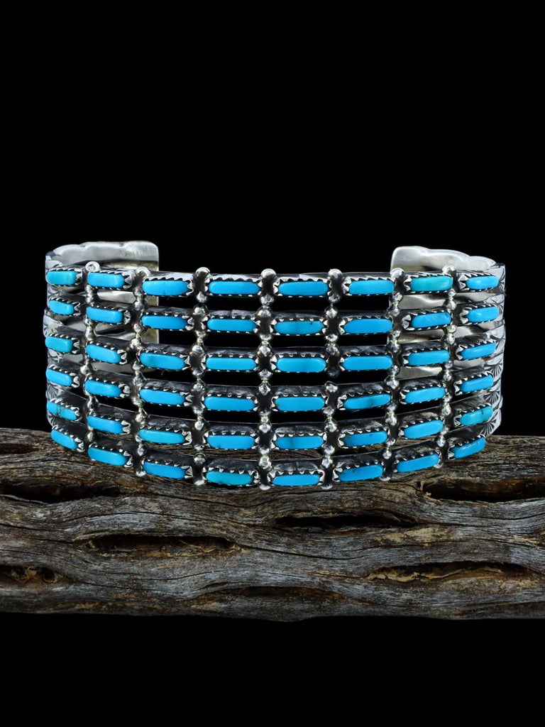 Sterling Silver Zuni Turquoise Inlay Row Bracelet - PuebloDirect.com