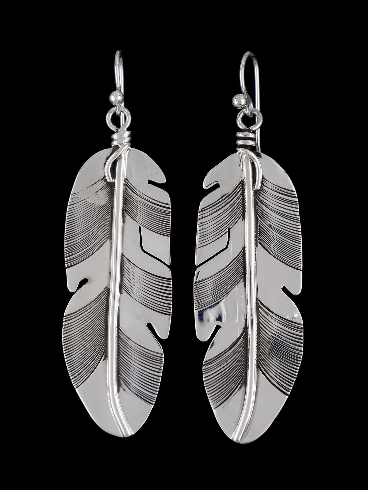 Native American Sterling Silver Turquoise Dangle Feather Earrings - PuebloDirect.com