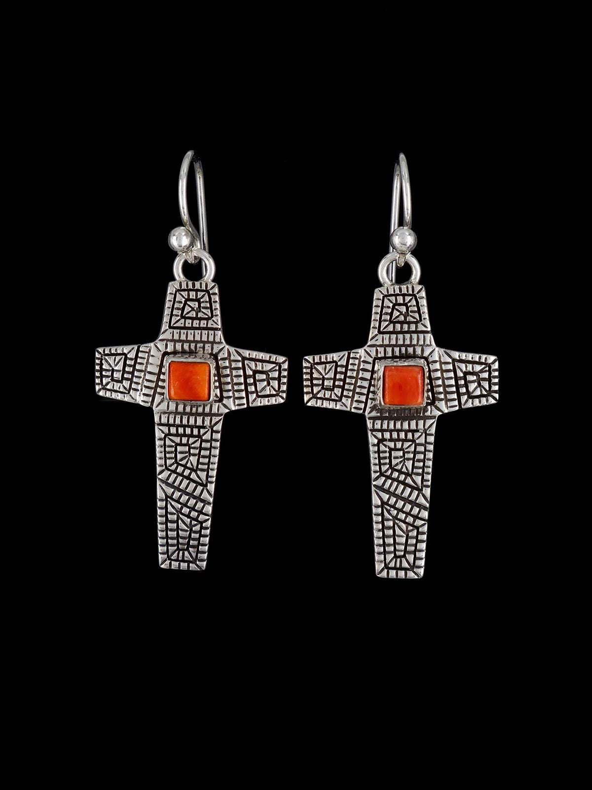 Navajo Sterling Silver Spiny Oyster Cross Dangle Earrings - PuebloDirect.com