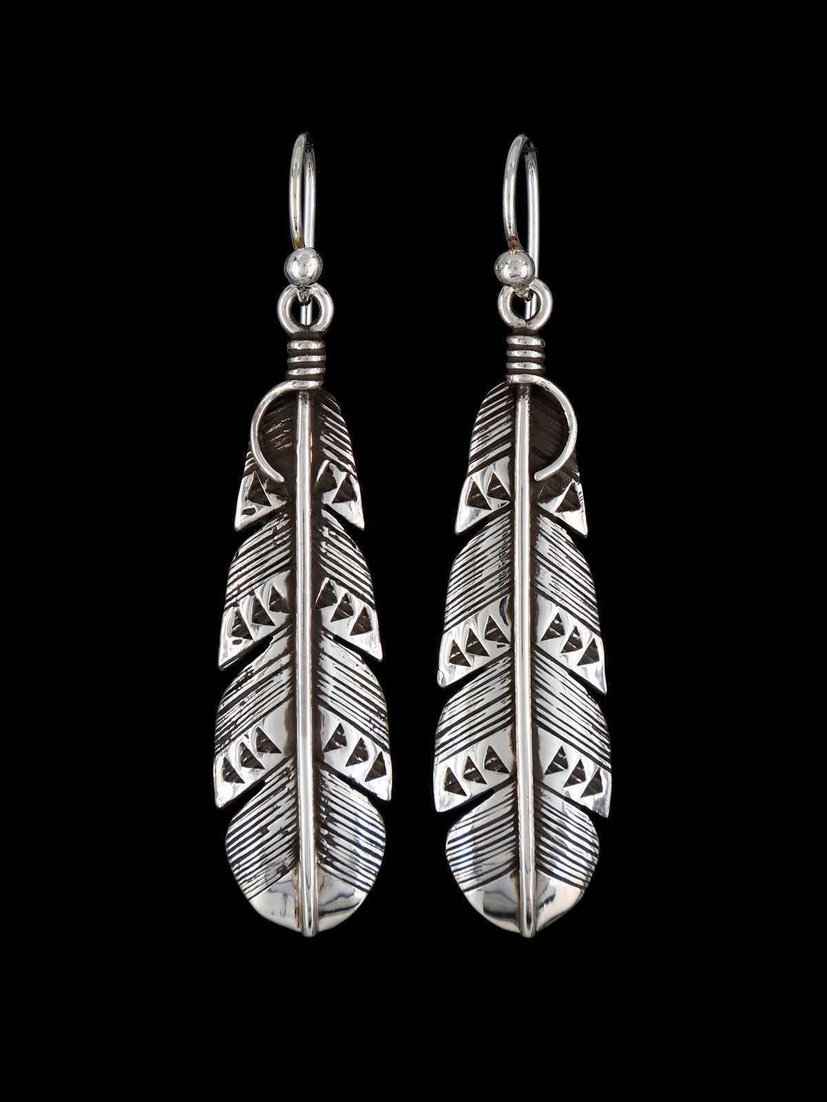 Santo Domingo Sterling Silver Dangle Feather Earrings - PuebloDirect.com