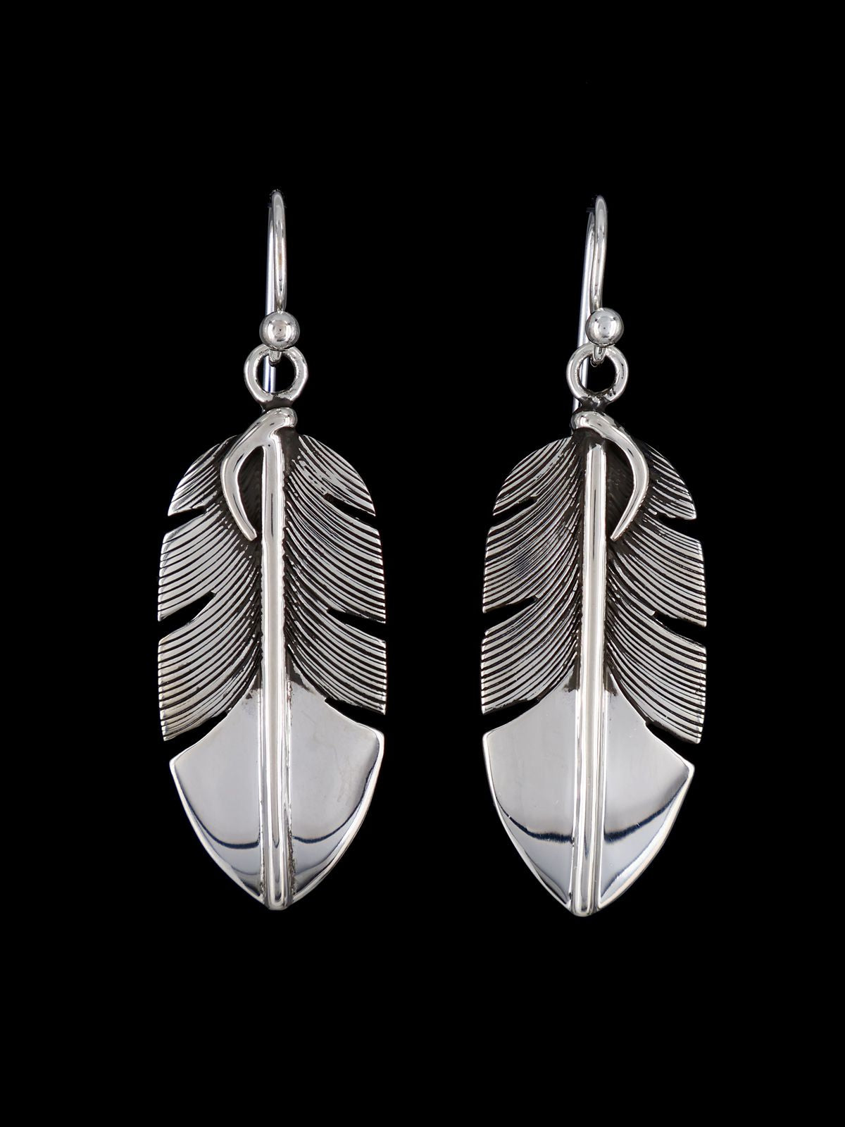 Santo Domingo Sterling Silver Dangle Feather Earrings - PuebloDirect.com