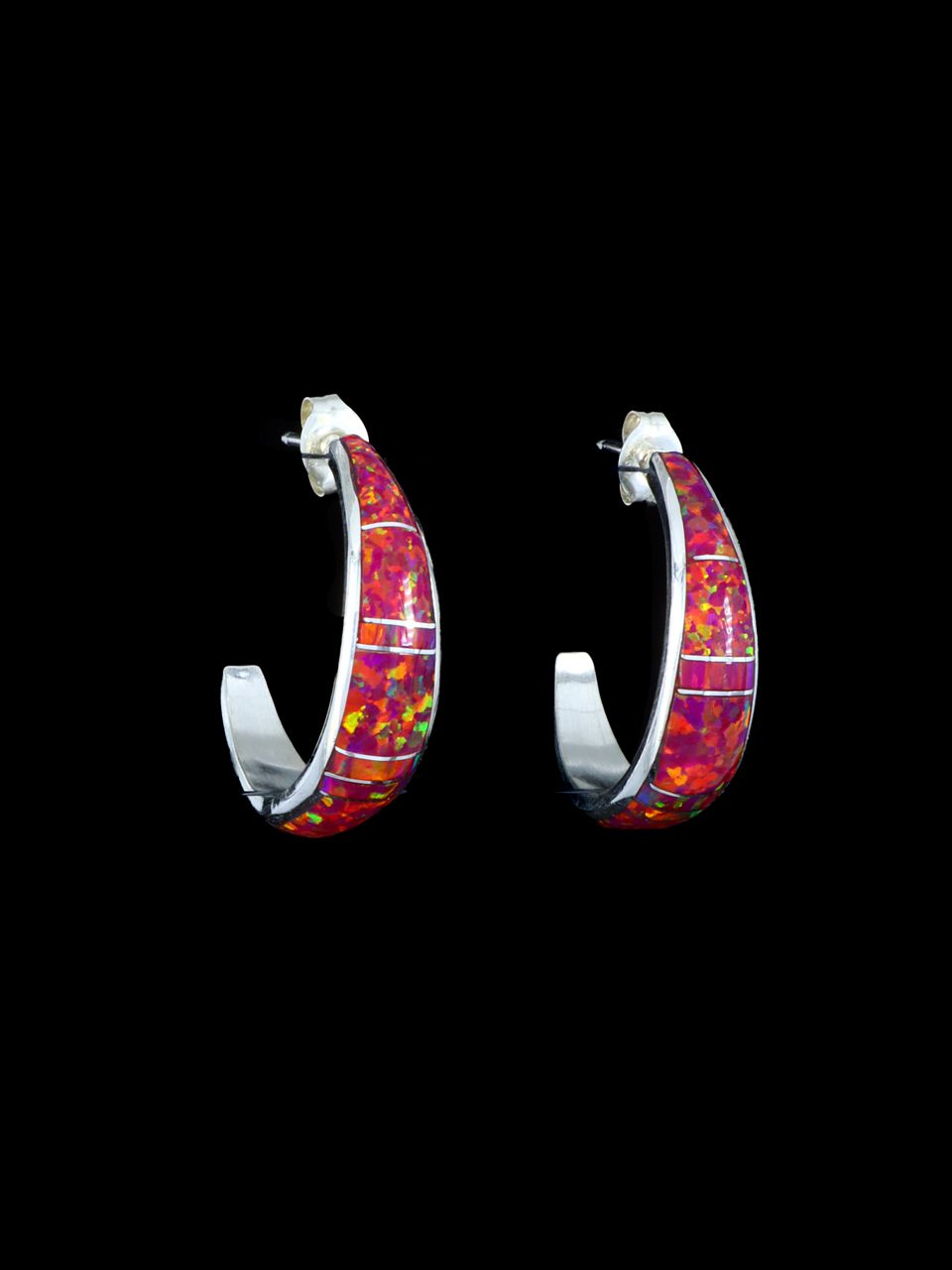 Red Opalite Zuni Inlay Half Hoop Post Earrings - PuebloDirect.com