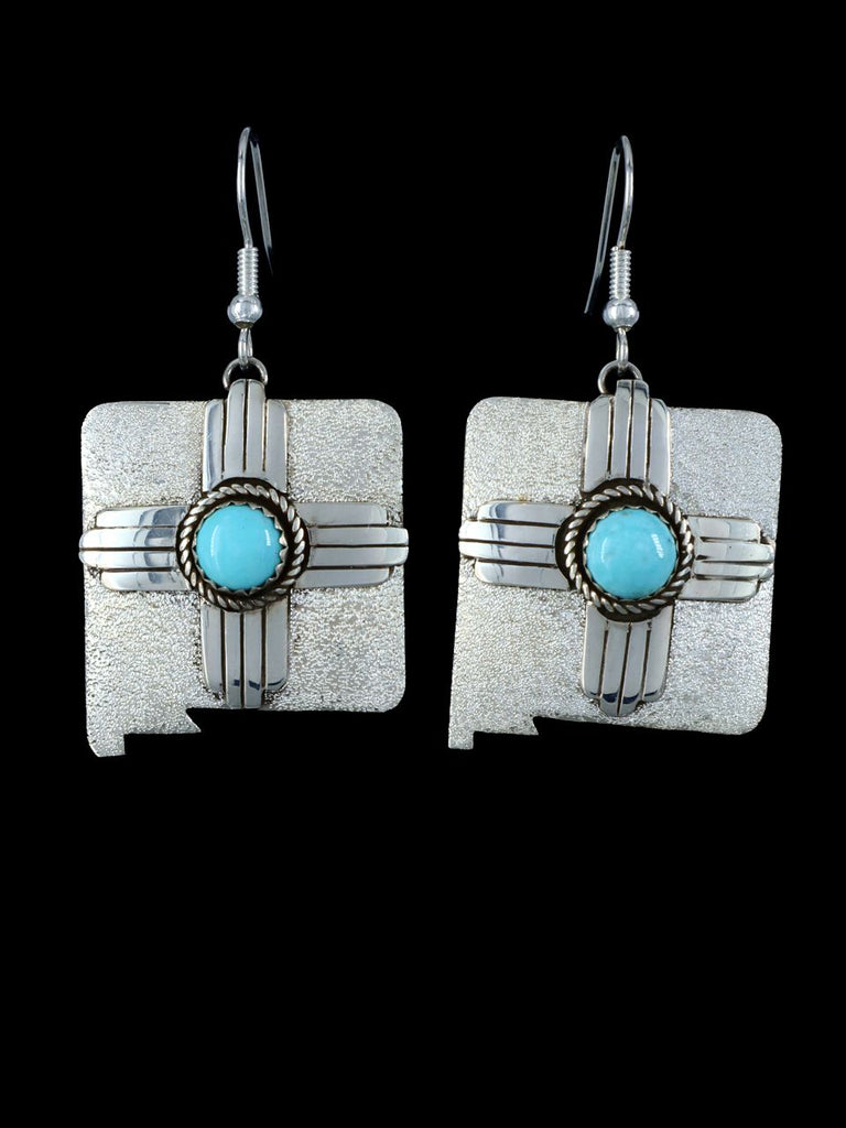 Navajo Sterling Silver Turquoise Dangle Zia Earrings - PuebloDirect.com