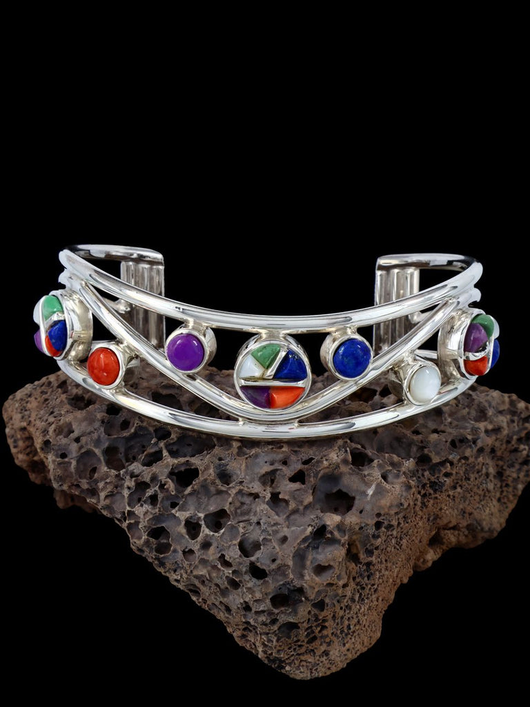 Native American Multistone Inlay Sterling Silver Cuff Bracelet - PuebloDirect.com