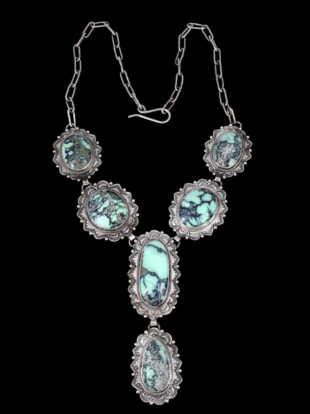 Native American Jewelry Sterling Silver New Lander Variscite Lariat Necklace