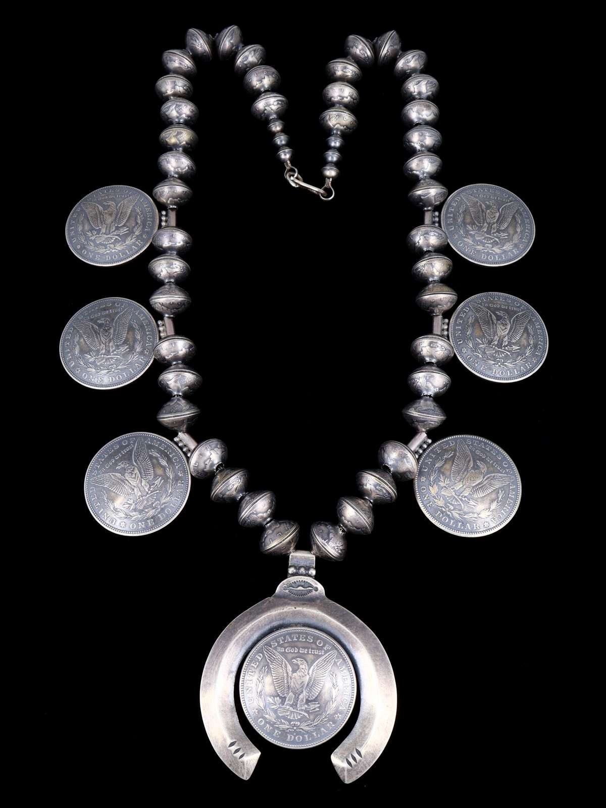 Native American Jewelry Morgan Silver Dollar Squash Blossom Necklace