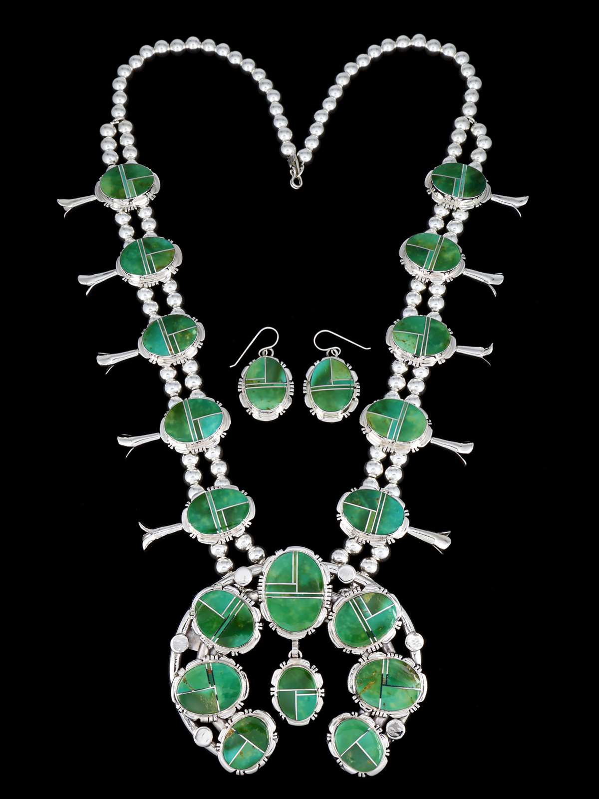 Hardy Pit Kingman Turquoise Inlay Sterling Silver Squash Blossom Necklace Set