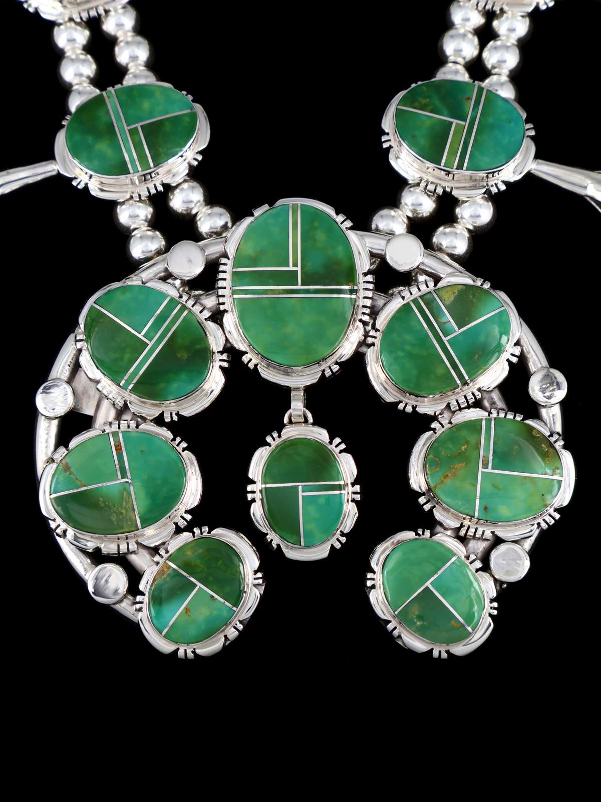 Hardy Pit Kingman Turquoise Inlay Sterling Silver Squash Blossom Necklace Set