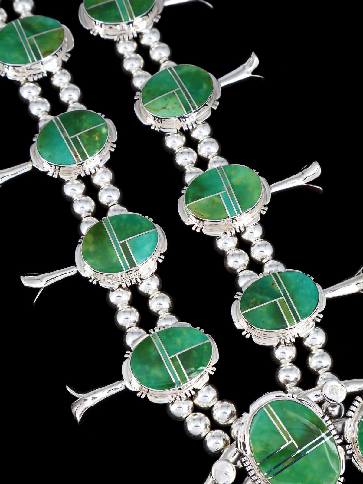 Hardy Pit Kingman Turquoise Inlay Sterling Silver Squash Blossom Necklace Set