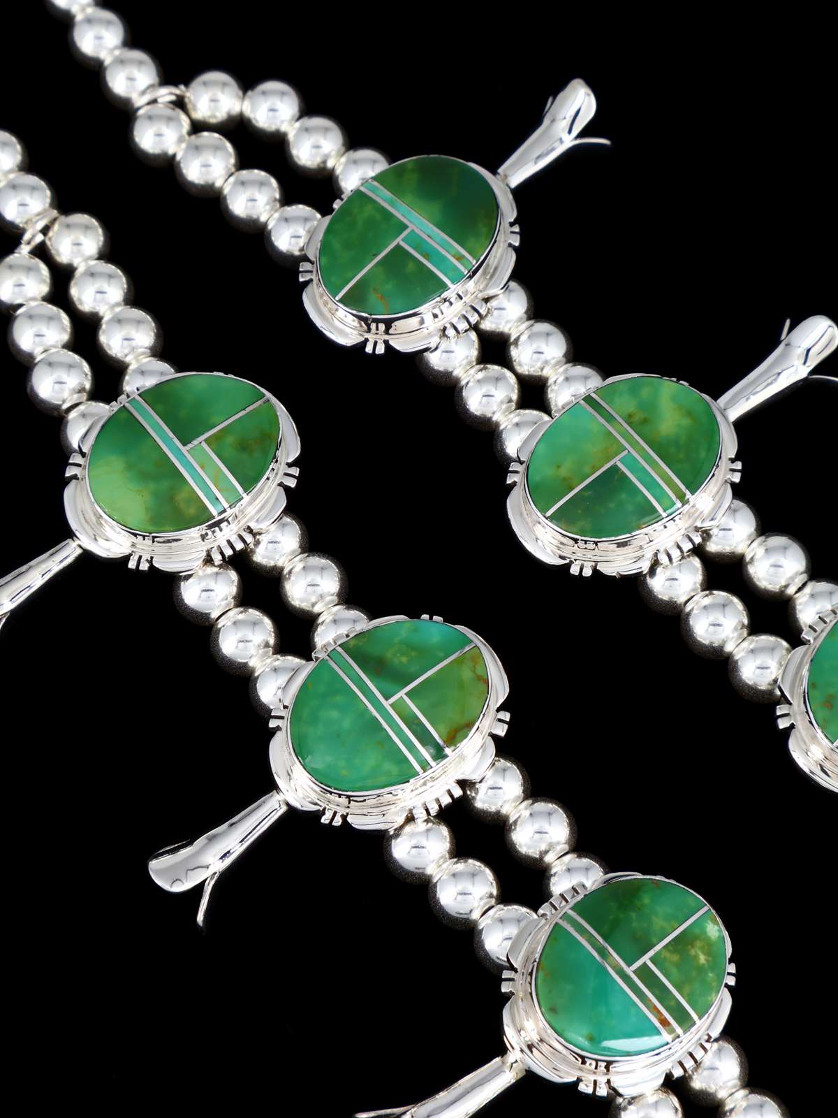 Hardy Pit Kingman Turquoise Inlay Sterling Silver Squash Blossom Necklace Set