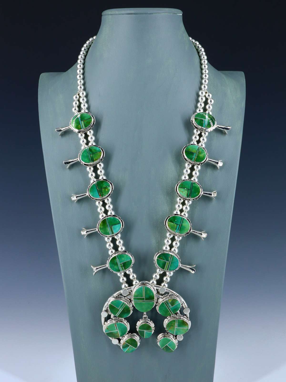 Hardy Pit Kingman Turquoise Inlay Sterling Silver Squash Blossom Necklace Set