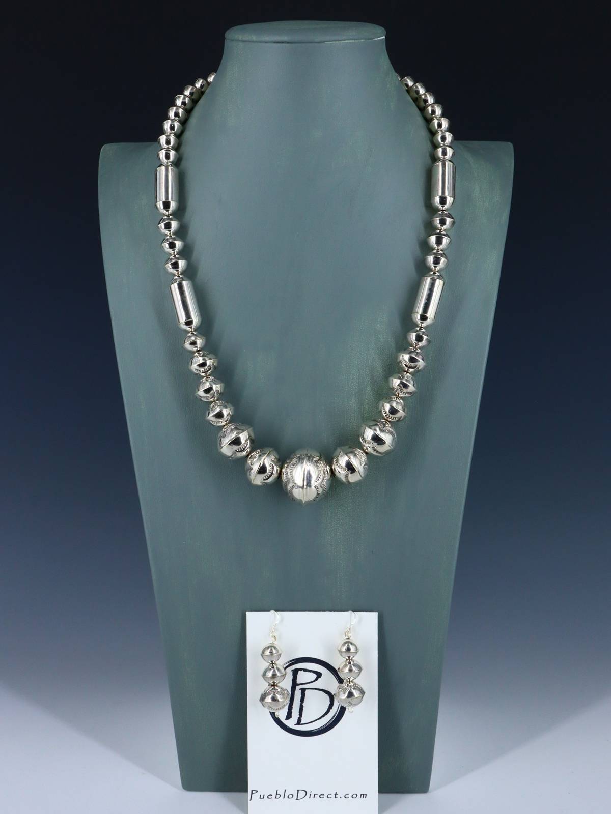 Native American Sterling Silver Navajo Beaded Necklace Set - PuebloDirect.com