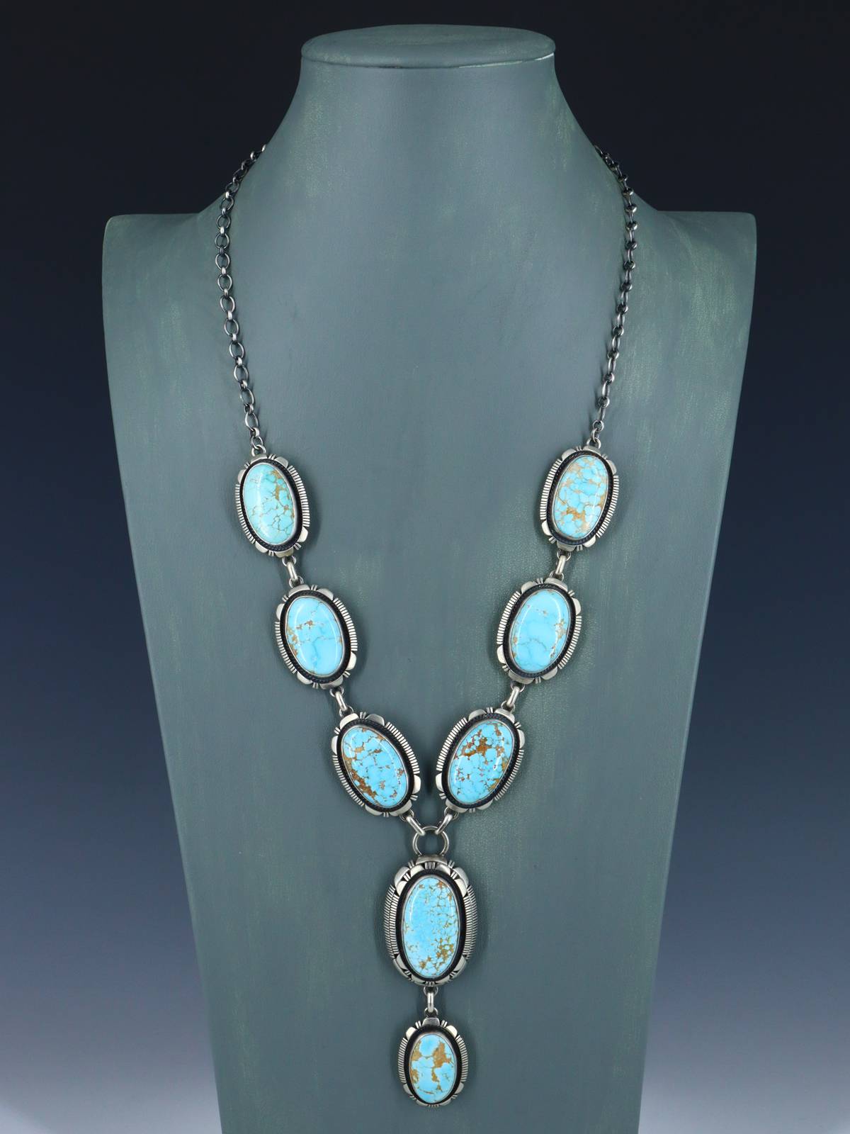 Natural Number 8 Mine Turquoise Sterling Silver Lariat Necklace Set - PuebloDirect.com