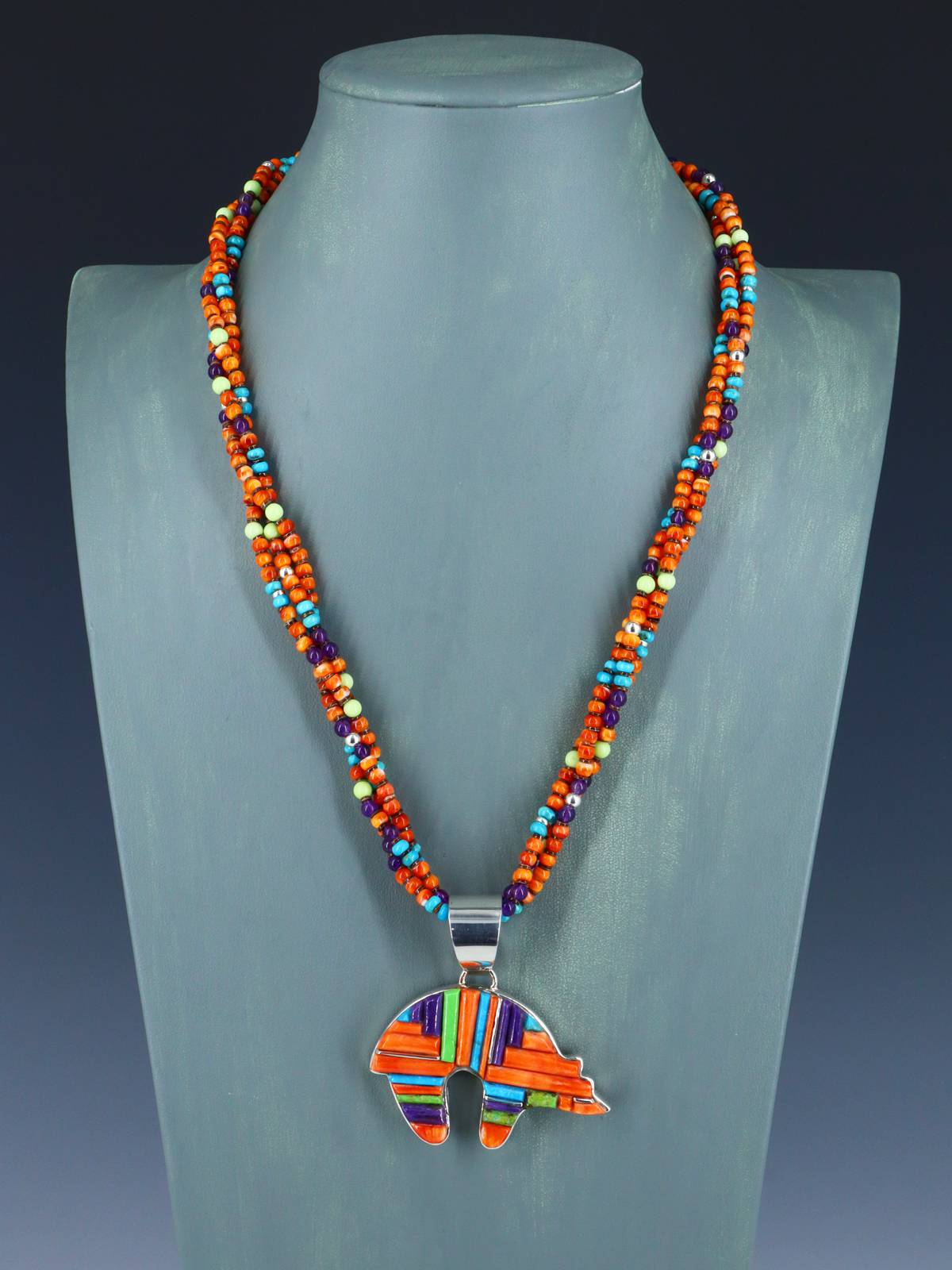 Native American Multistone Inlay Bear Pendant with Beaded Necklace - PuebloDirect.com