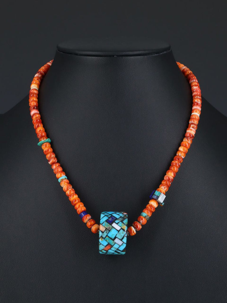 Native American Santo Domingo Spiny Oyster Mosaic Necklace - PuebloDirect.com