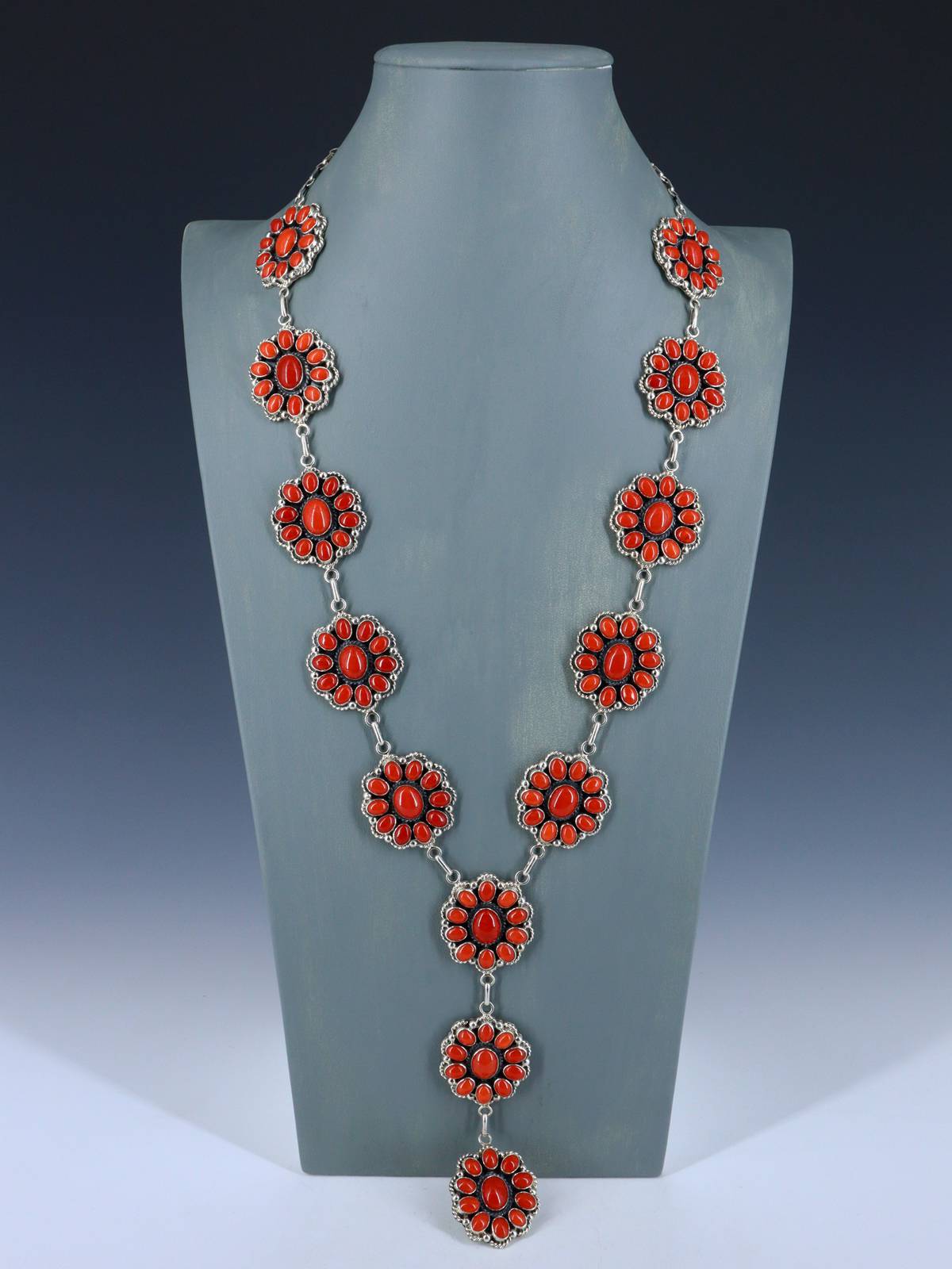 Native American Sterling Silver Natural Coral Lariat Necklace - PuebloDirect.com