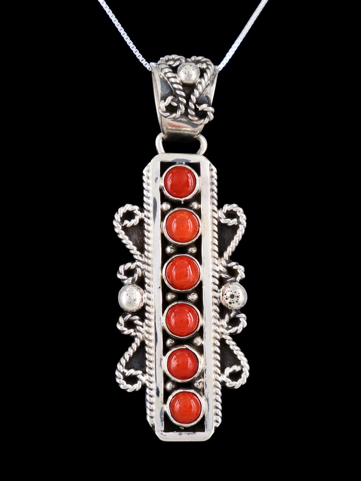 Native American Jewelry Sterling Silver Coral Pendant - PuebloDirect.com