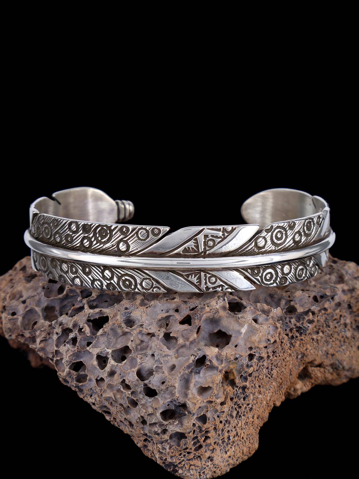 Santo Domingo Sterling Silver Feather Cuff Bracelet - PuebloDirect.com