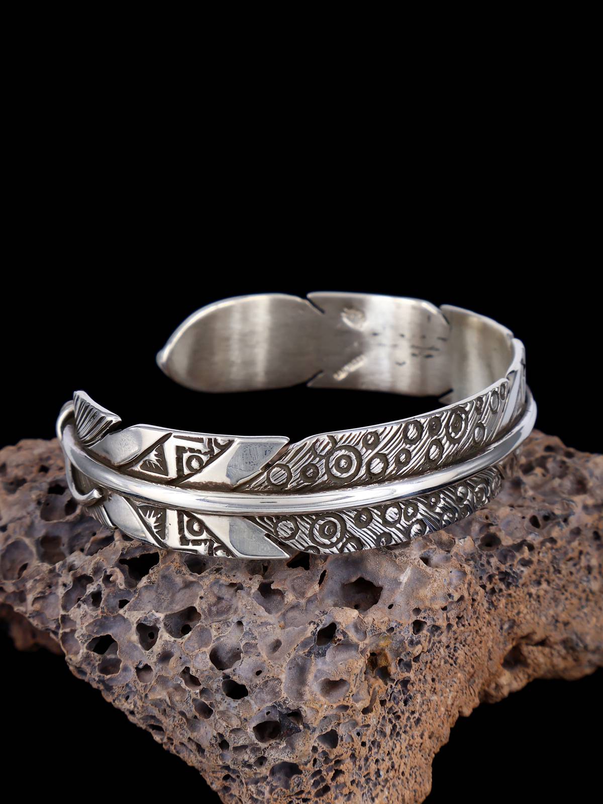 Santo Domingo Sterling Silver Feather Cuff Bracelet - PuebloDirect.com