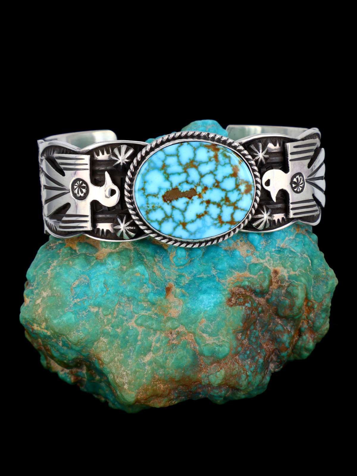 Navajo Jewelry Sterling Silver Kingman Turquoise Thunderbird Bracelet - PuebloDirect.com