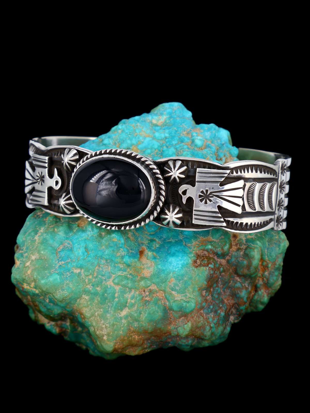 Navajo Jewelry Sterling Silver Black Onyx Thunderbird Bracelet - PuebloDirect.com
