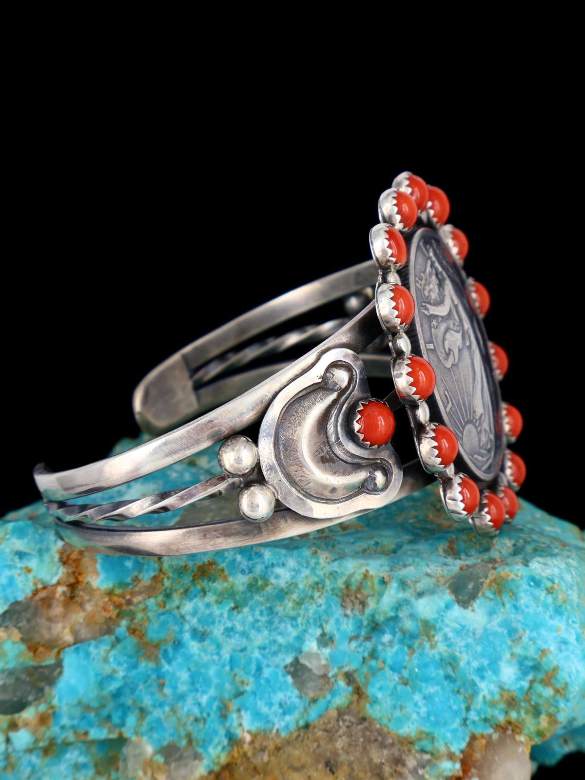 Native American Sterling Silver Coral Liberty Half Dollar Cuff Bracelet