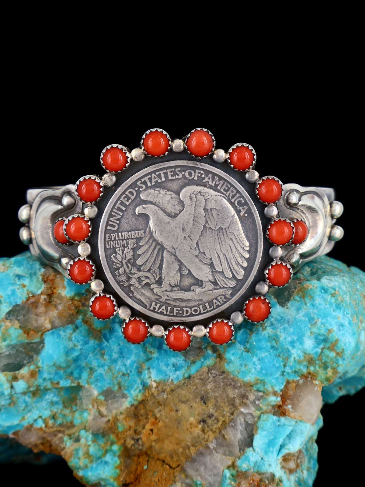 Native American Sterling Silver Coral Liberty Half Dollar Cuff Bracelet