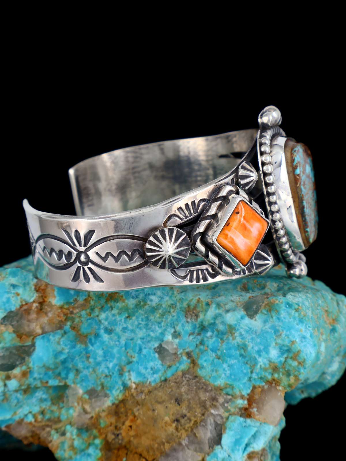 Native American Sterling Silver Pilot Mountain Turquoise and Spiny Oyster Bracelet