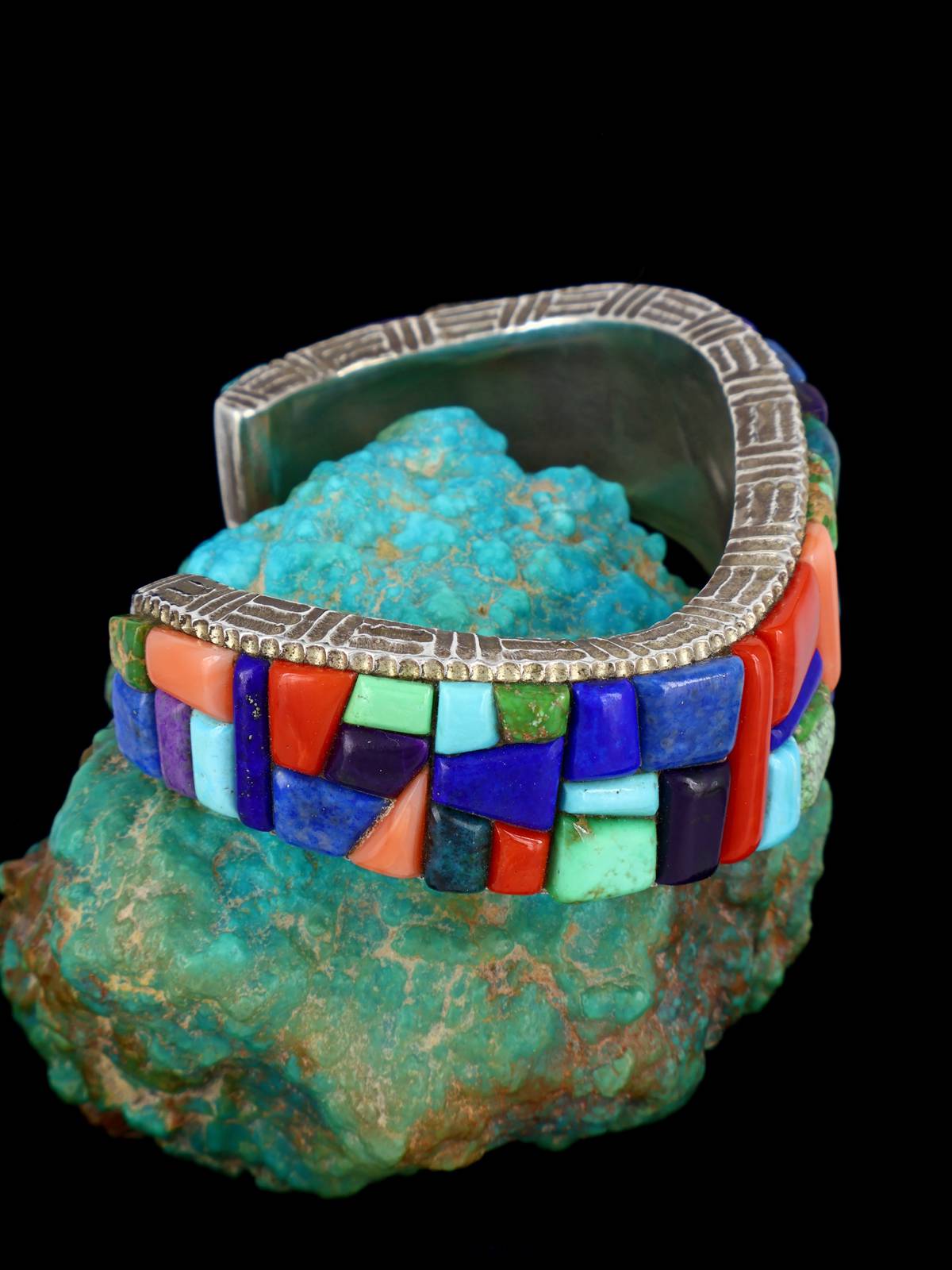 Estate Native American Multistone Corn Row Inlay Sterling Silver Bracelet - PuebloDirect.com