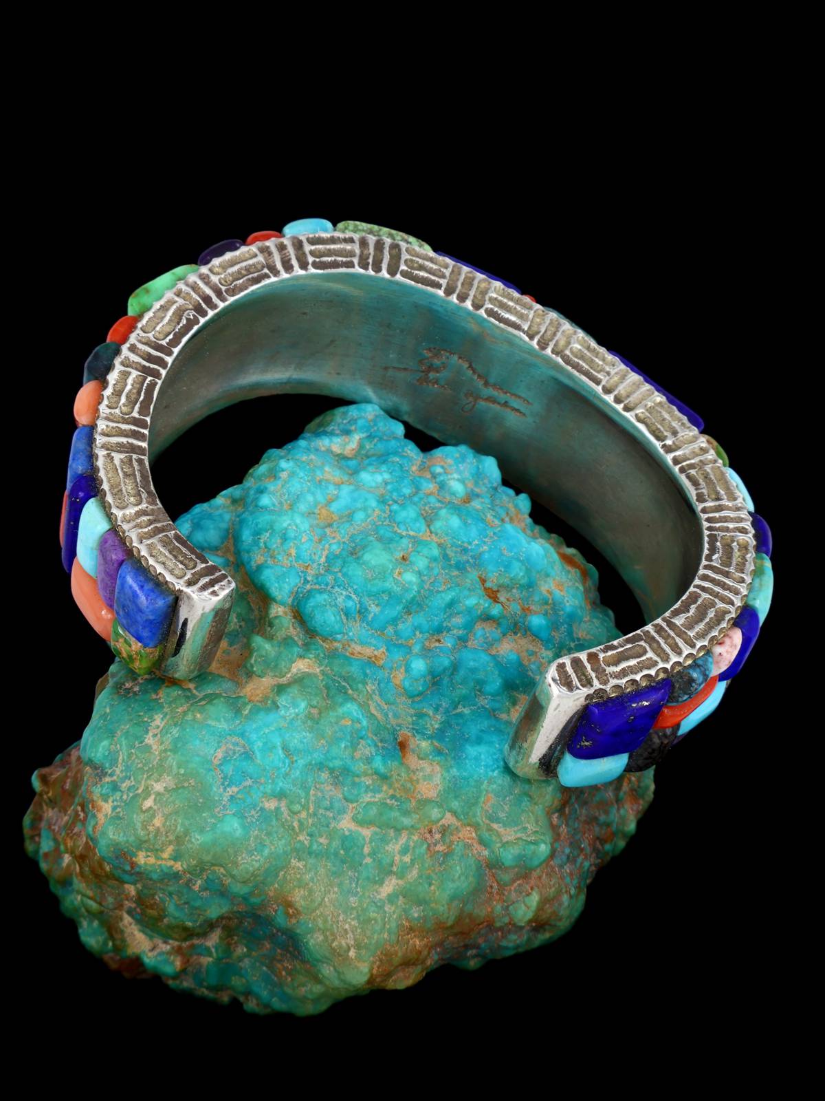 Estate Native American Multistone Corn Row Inlay Sterling Silver Bracelet - PuebloDirect.com