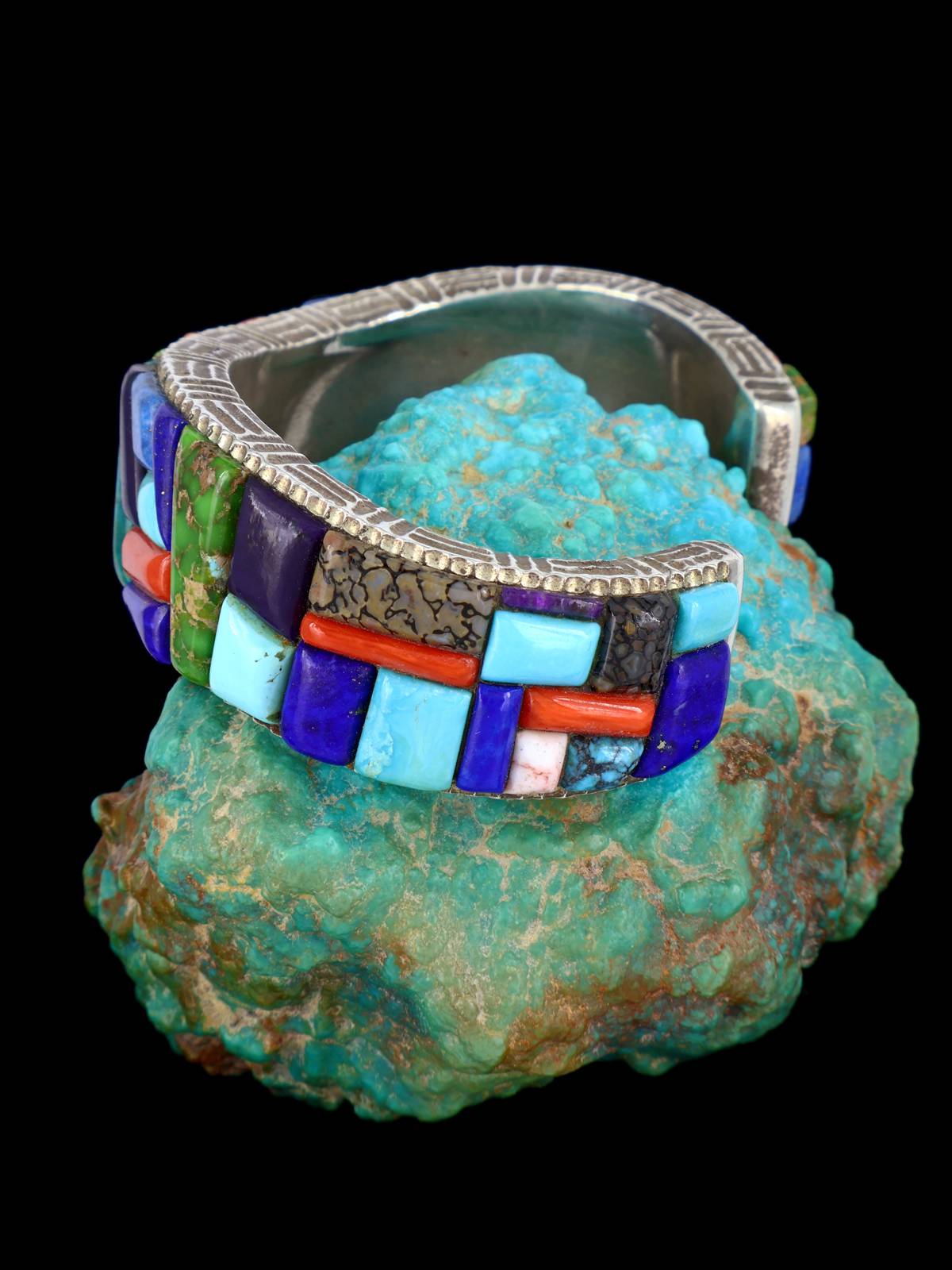 Estate Native American Multistone Corn Row Inlay Sterling Silver Bracelet - PuebloDirect.com