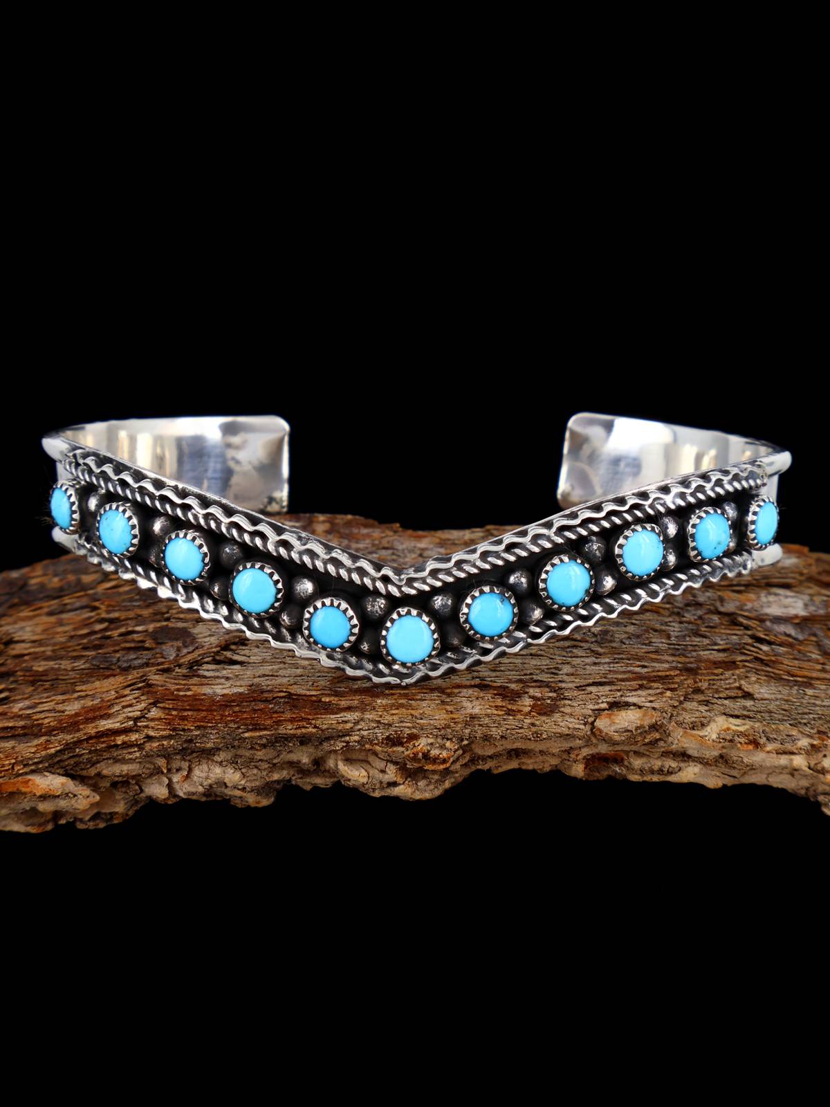 Navajo Kingman Turquoise Row Sterling Silver Cuff Bracelet - PuebloDirect.com