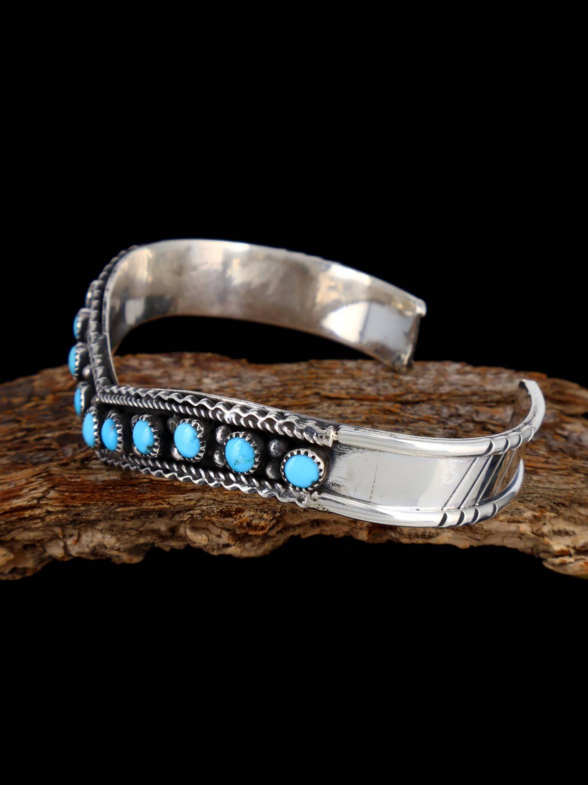 Navajo Kingman Turquoise Row Sterling Silver Cuff Bracelet - PuebloDirect.com