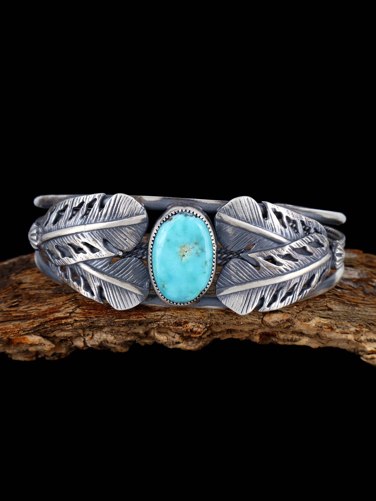 Navajo Sterling Silver Turquoise Feather Cuff Bracelet - PuebloDirect.com