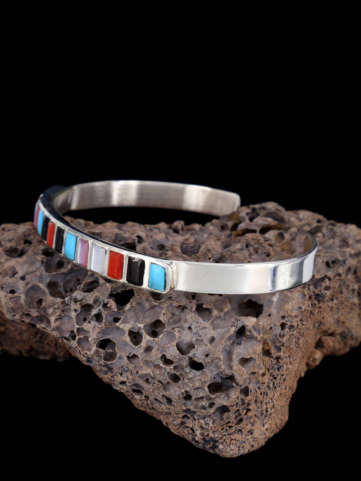 Native American Sterling Multistone Zuni Inlay Cuff Bracelet - PuebloDirect.com