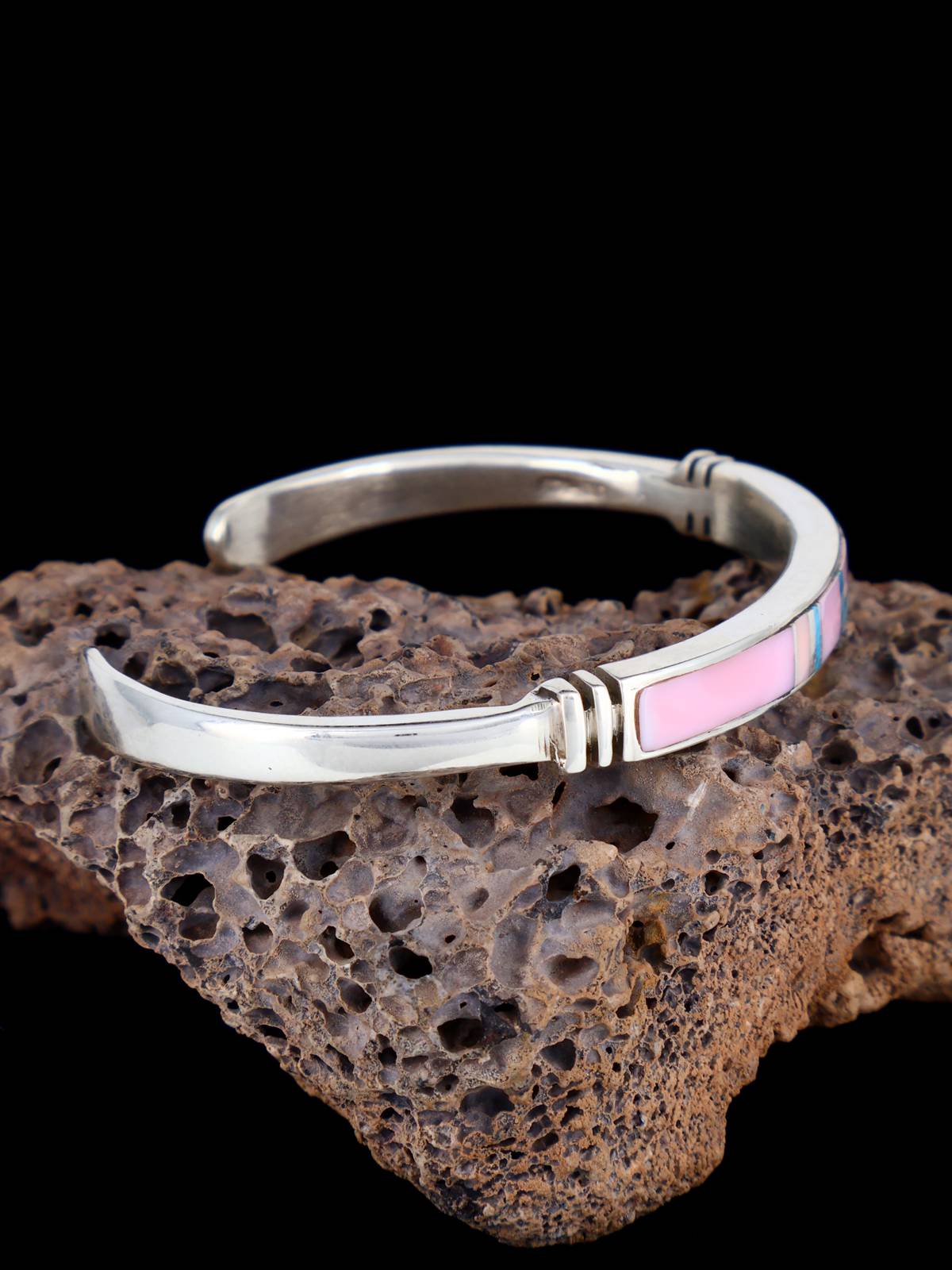 Native American Jewelry Pink Conch and Turquoise Inlay Bracelet - PuebloDirect.com