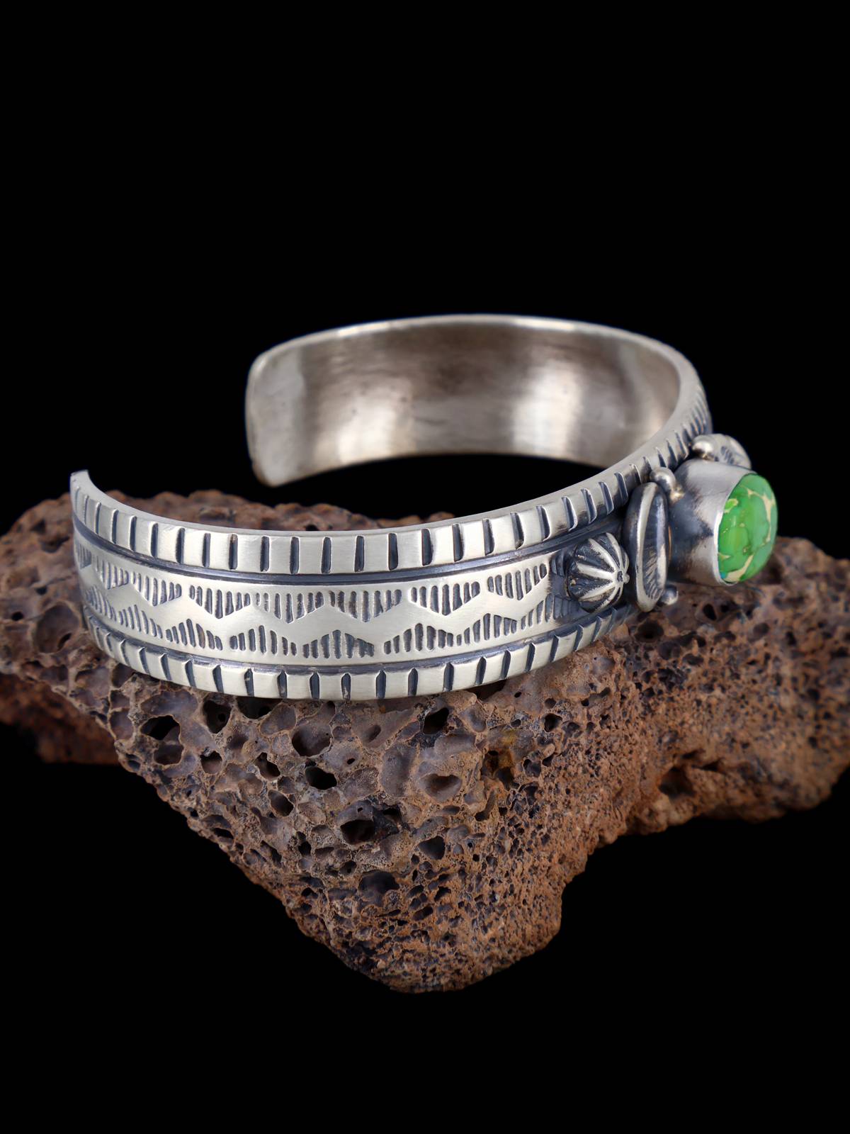 Native American Sonoran Gold Turquoise Stamped Cuff Bracelet - PuebloDirect.com