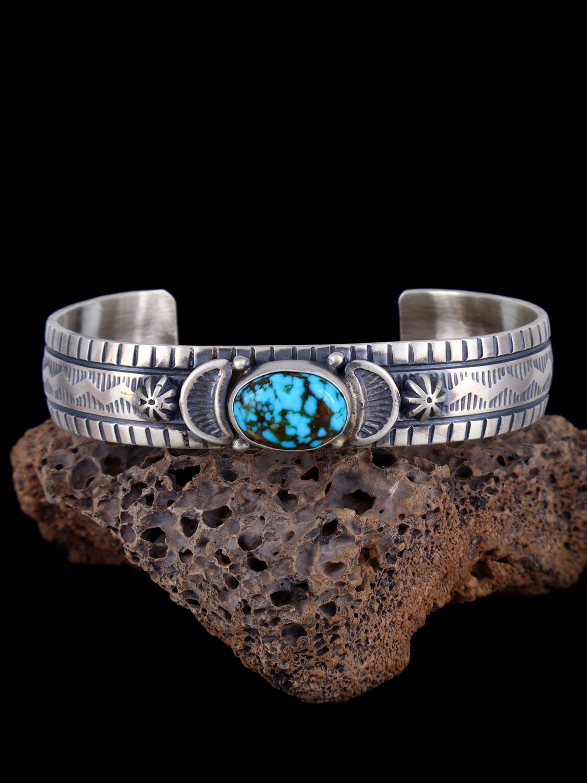 Native American Kingman Turquoise Stamped Cuff Bracelet - PuebloDirect.com