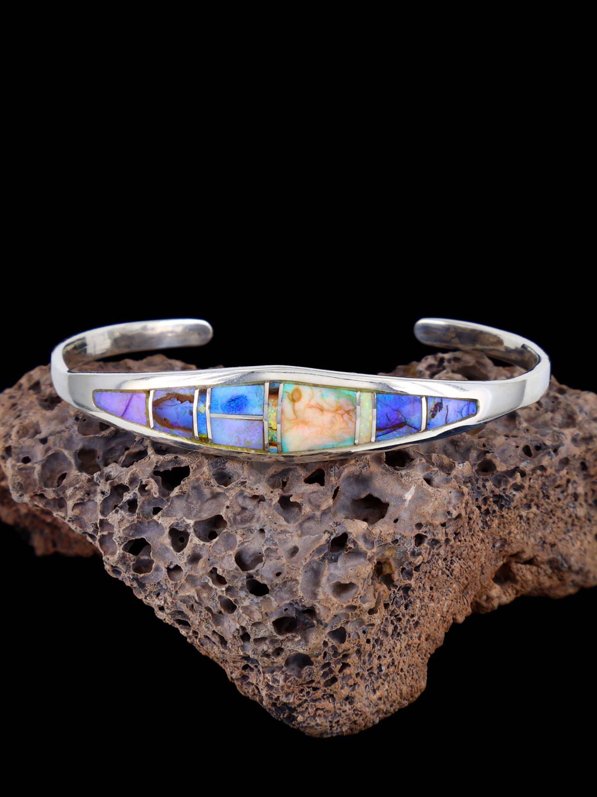 Native American Jewelry Spiderweb Opal Inlay Bracelet - PuebloDirect.com