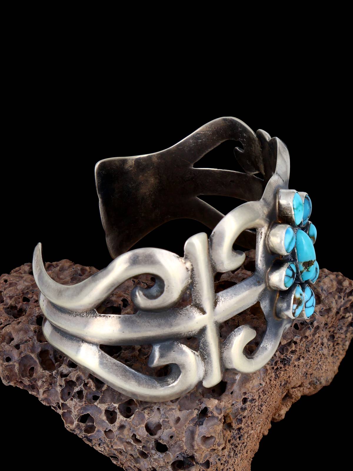 Native American Sterling Silver Sandcast Turquoise Bracelet - PuebloDirect.com