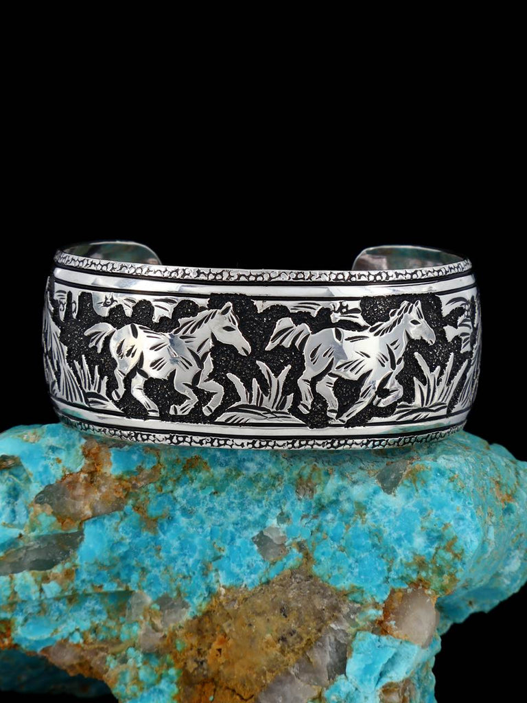 Native American Sterling Silver Horse Overlay Bracelet - PuebloDirect.com