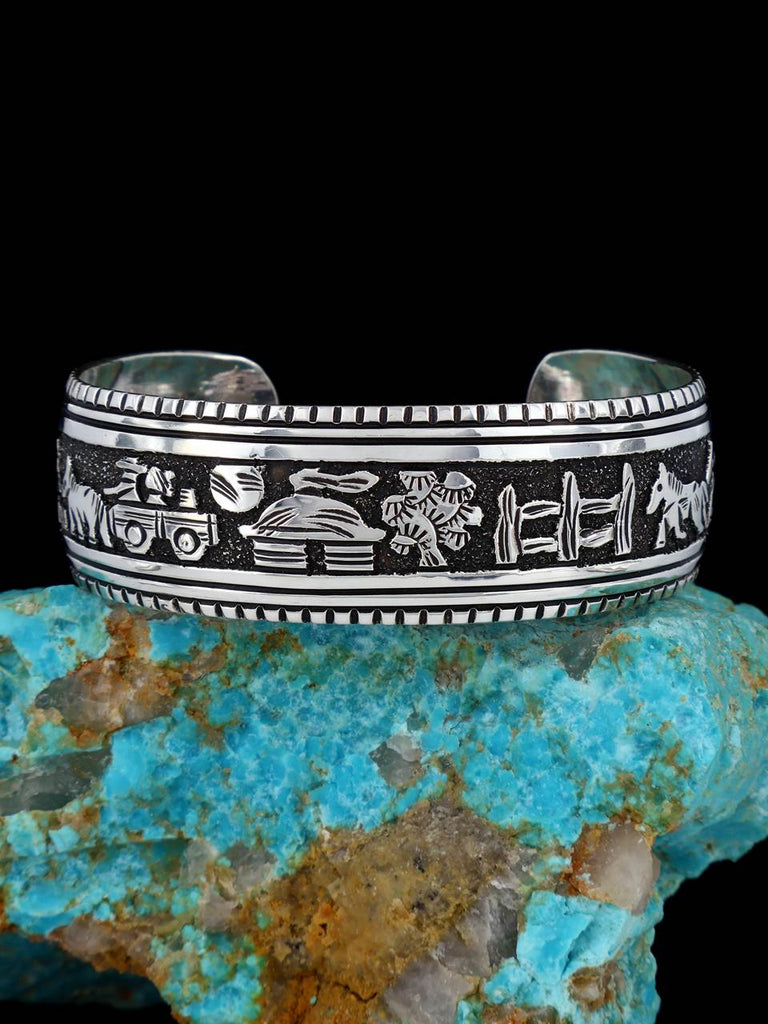 Native American Sterling Silver Storyteller Overlay Bracelet - PuebloDirect.com