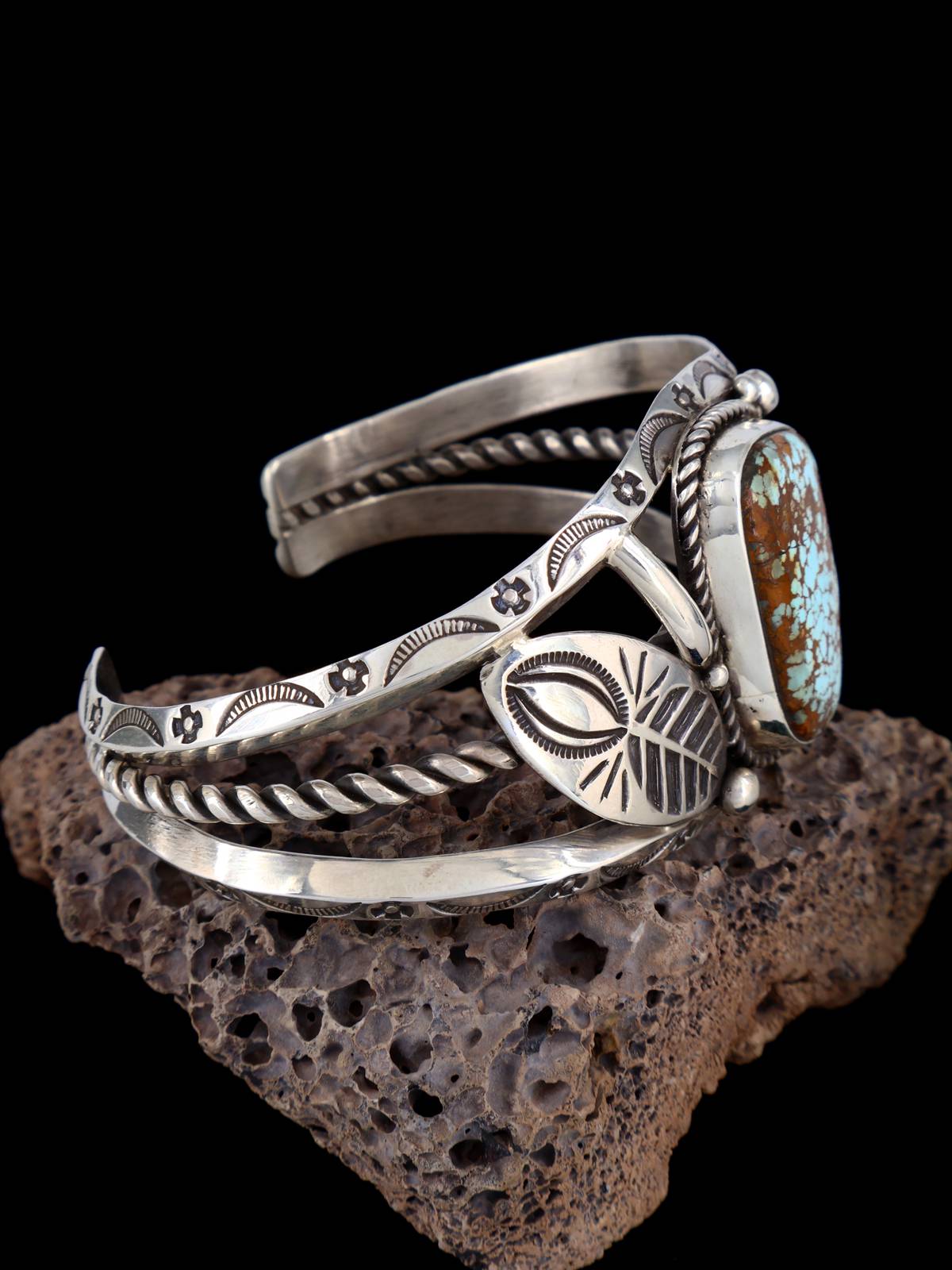 Navajo Sculpted #8 Turquoise Sterling Silver Cuff Bracelet - PuebloDirect.com