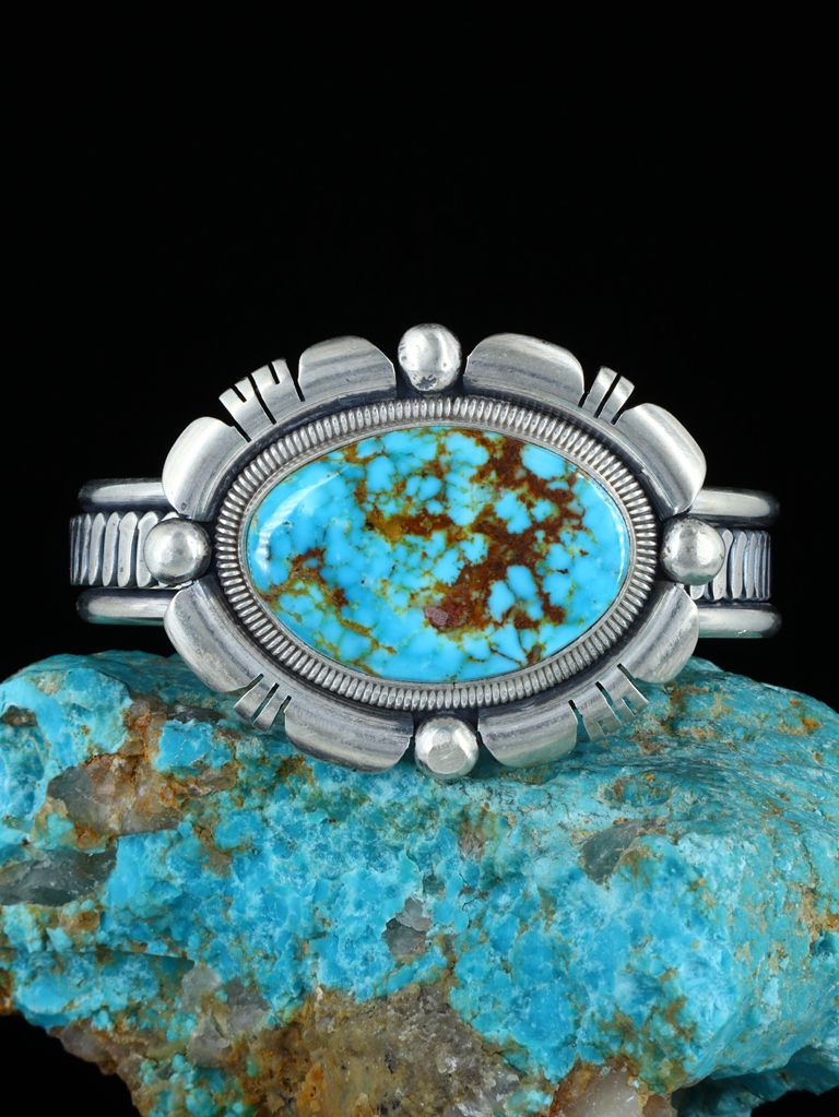 Navajo Sterling Silver Kingman Turquoise Cuff Bracelet - PuebloDirect.com