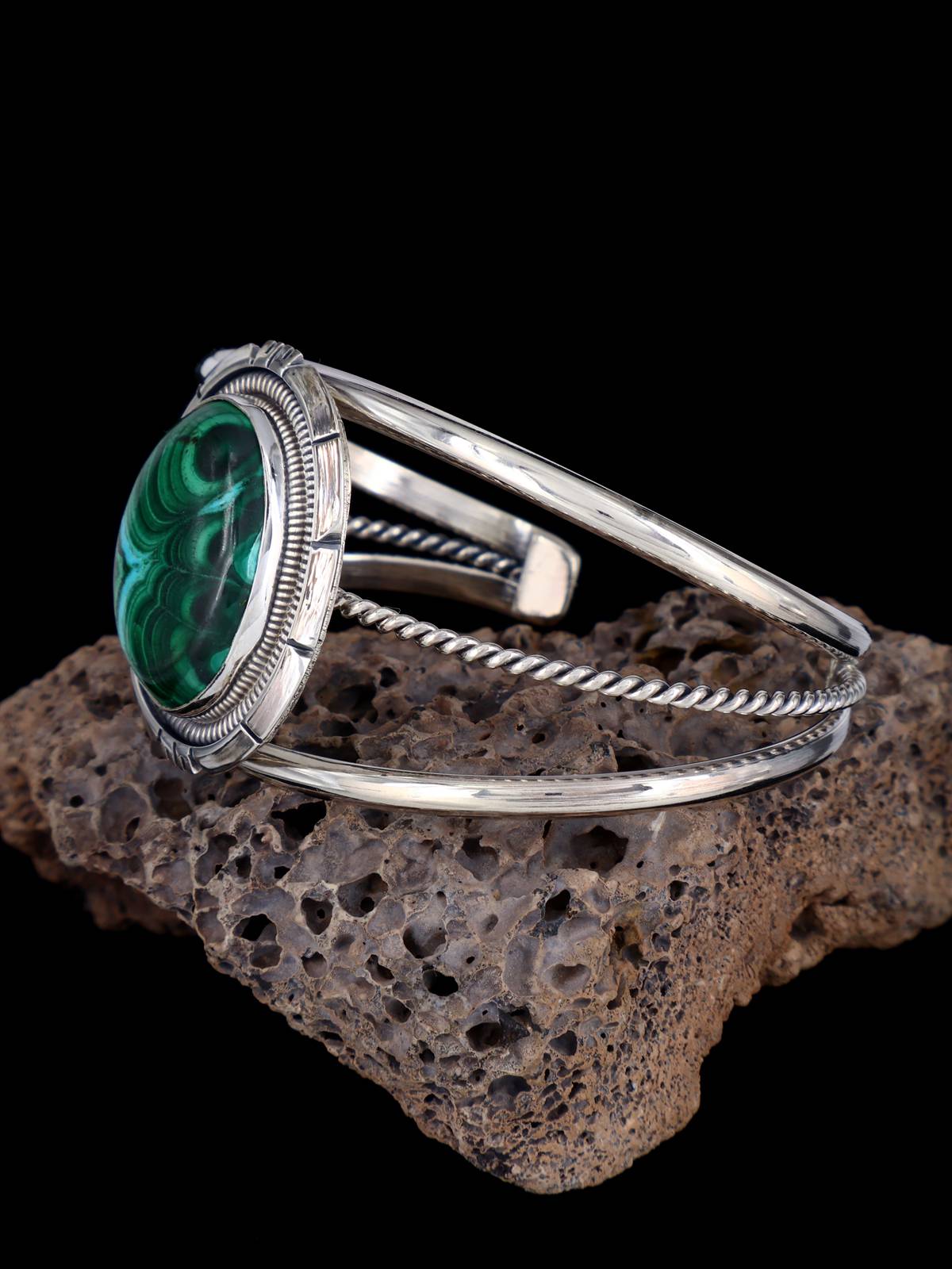 Navajo Sterling Silver Chrysocolla Malachite Cuff Bracelet - PuebloDirect.com