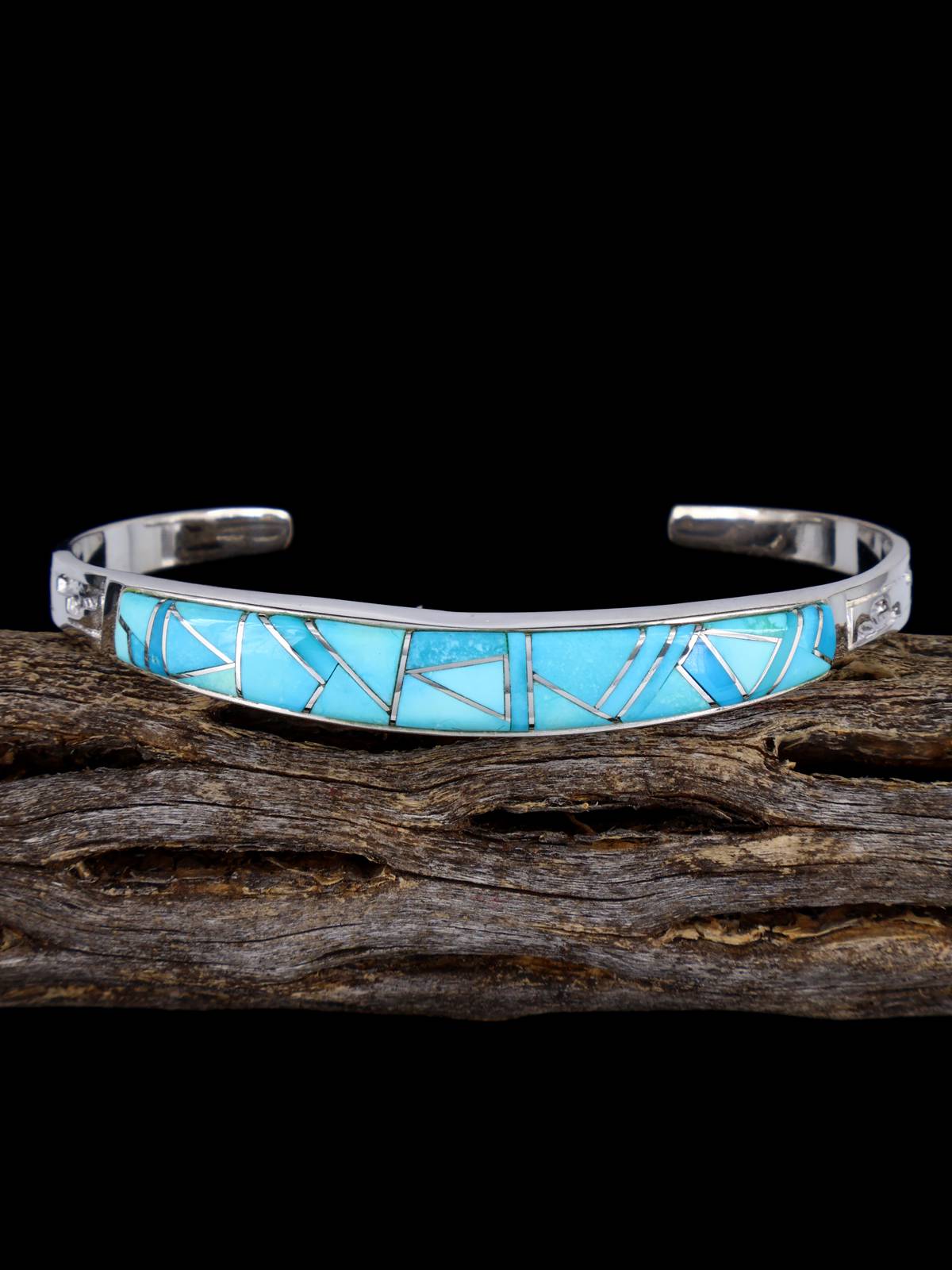 Navajo Sterling Silver Turquoise Inlay Bracelet - PuebloDirect.com