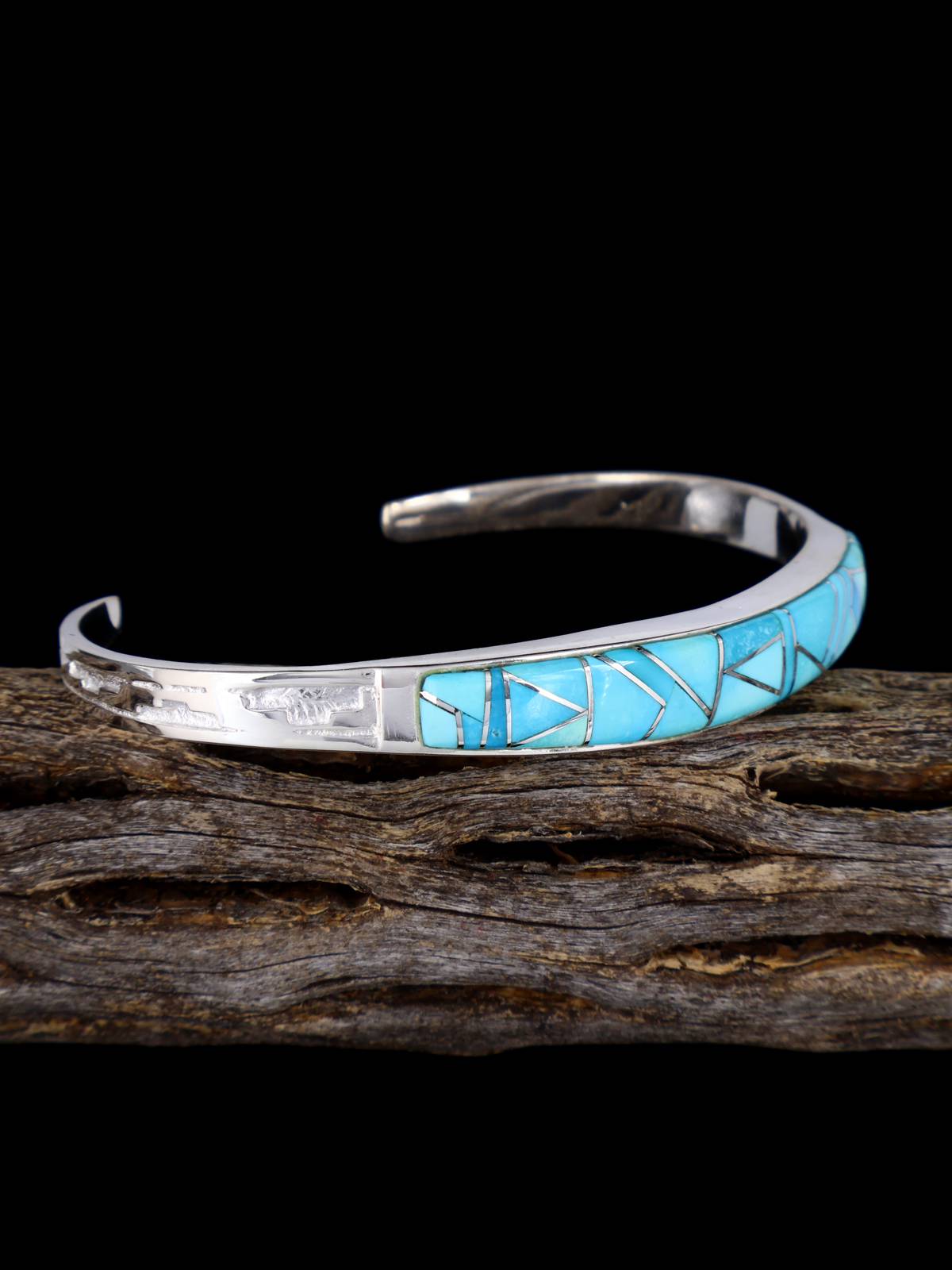 Navajo Sterling Silver Turquoise Inlay Bracelet - PuebloDirect.com